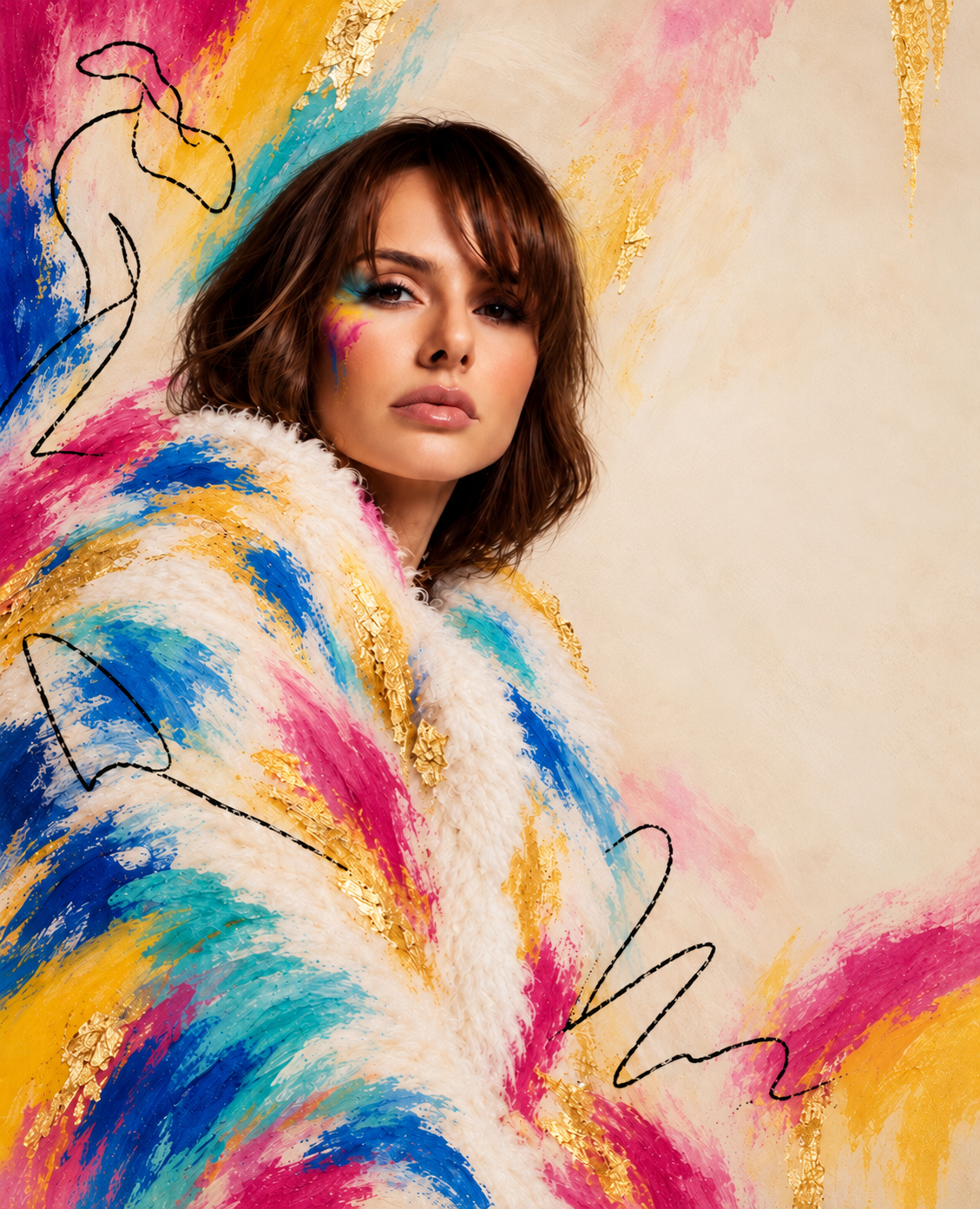 Ludmila Lobo surrounded by vibrant pink, blue, turquoise and gold brushstrokes